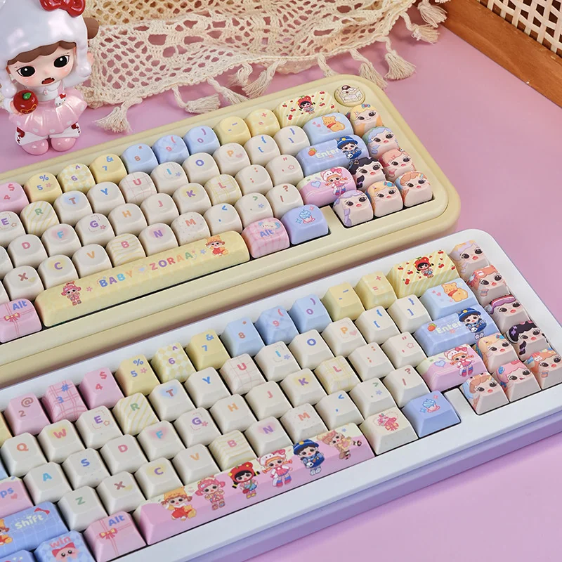 Full layout view of Baby Zoraa whimsical keycap set on a white keyboard