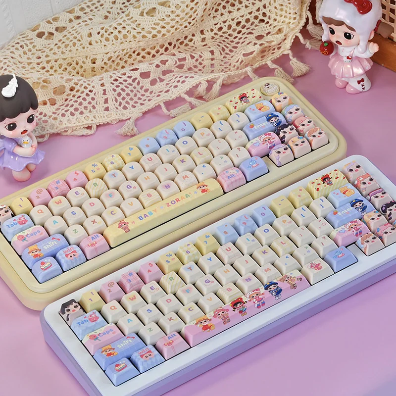 Baby Zoraa PBT keycap set with whimsical cartoon dolls on a mechanical keyboard