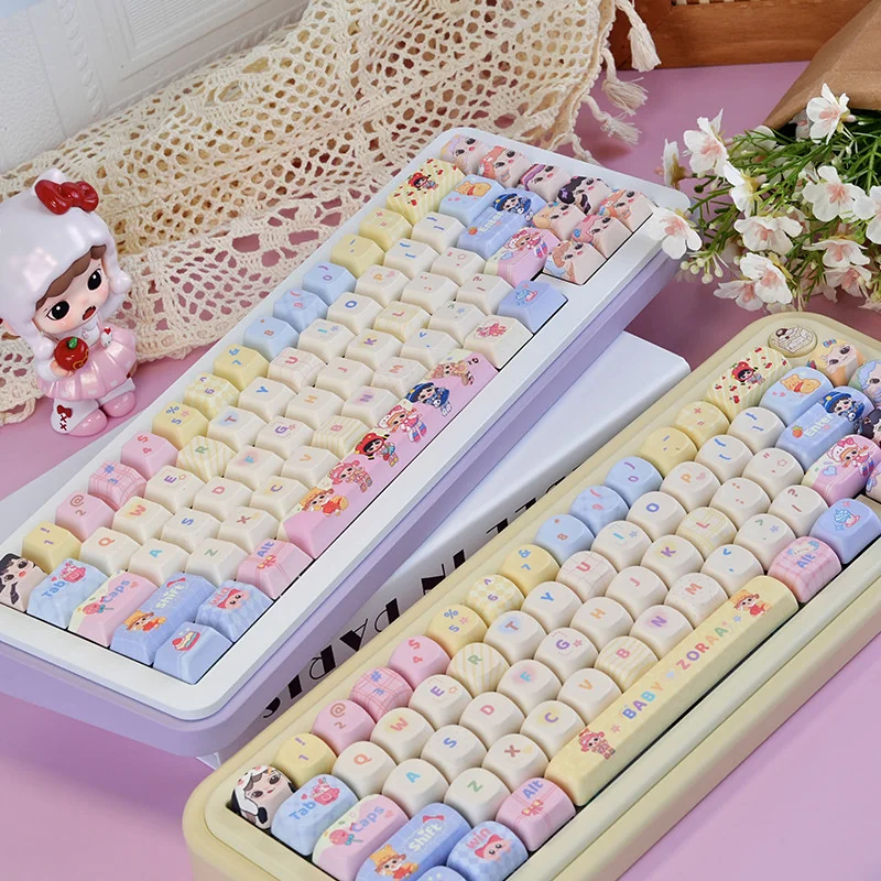 Close-up of Baby Zoraa dye-sub PBT keycaps showcasing pastel colors and cute characters