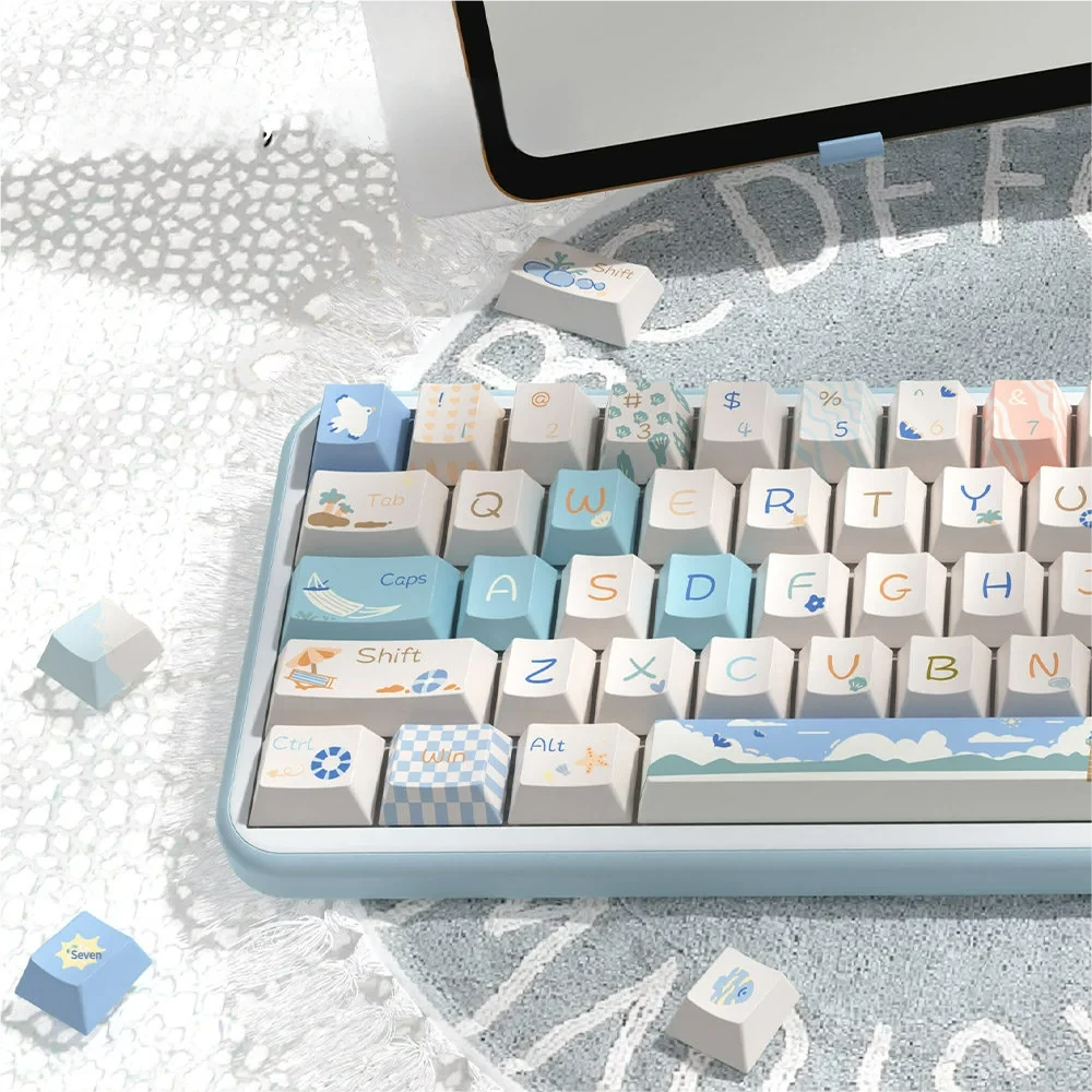 Side view of Cherry Profile Beach Summer keycaps, showing ergonomic curvature
