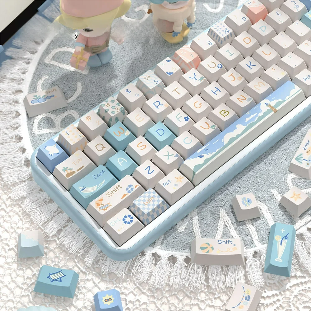 Close-up of Beach Summer keycaps, highlighting the crisp dye-sublimated legends and PBT texture
