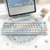 Beach Summer PBT Dye-Sub Keycap Set on a white mechanical keyboard, showcasing vibrant blue, yellow, and white keys