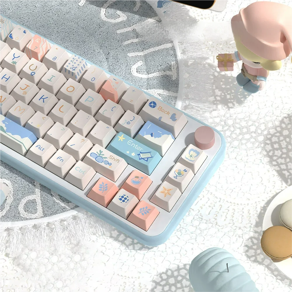 Detailed shot of individual Beach Summer keycaps, emphasizing the fade-resistant printing