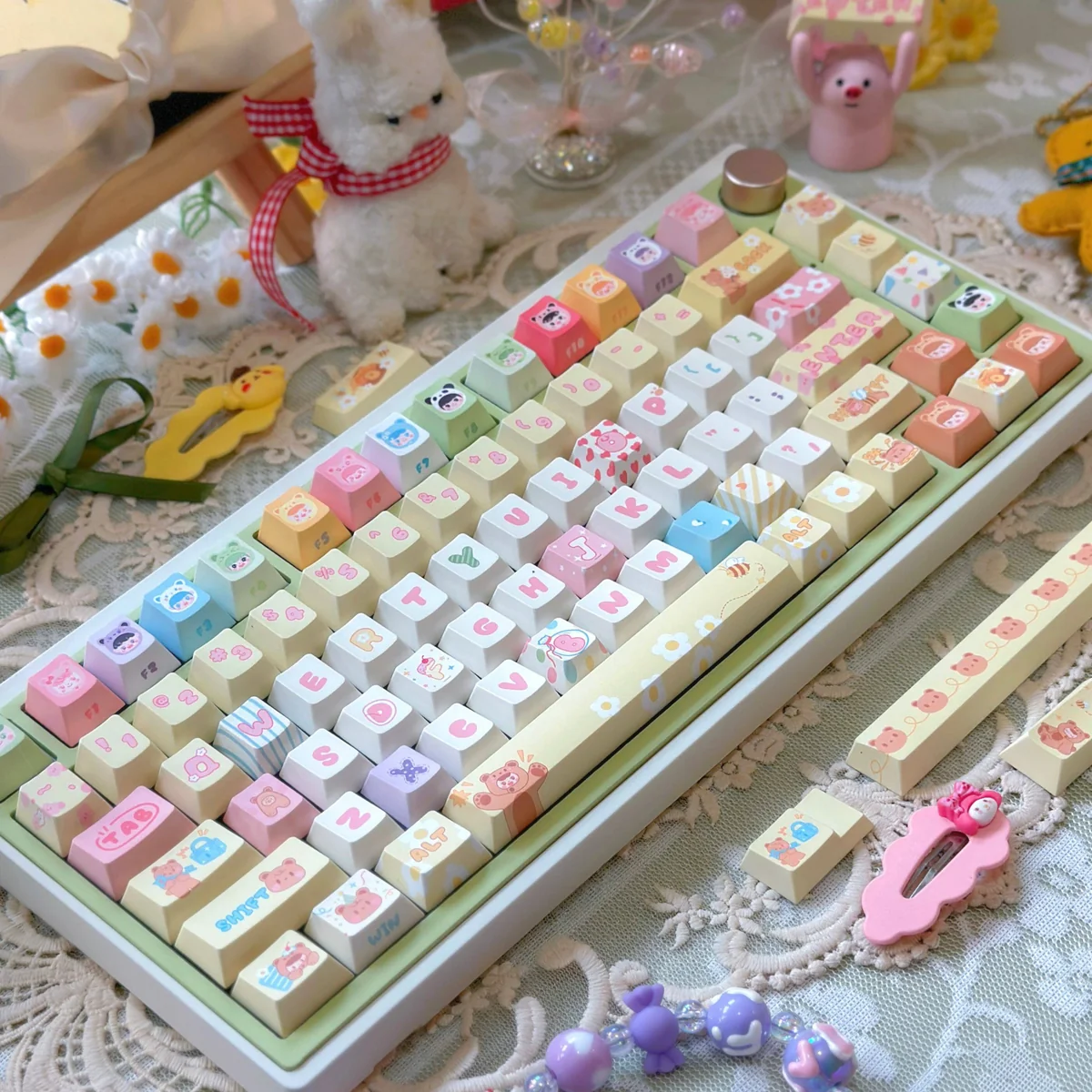 Bear Plush Toy Cherry Whimsical Bear-Themed PBT installed on a mechanical keyboard setup