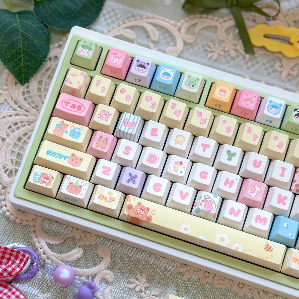 Side profile of Bear Plush Toy Cherry Whimsical Bear-Themed PBT showing keycap set shape and fit