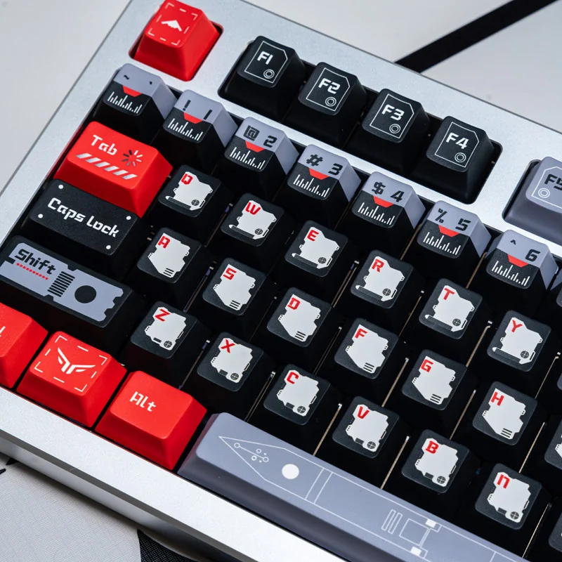 Close-up of Black Armor Bridge keycaps, highlighting dye-sublimated legends and PBT texture.