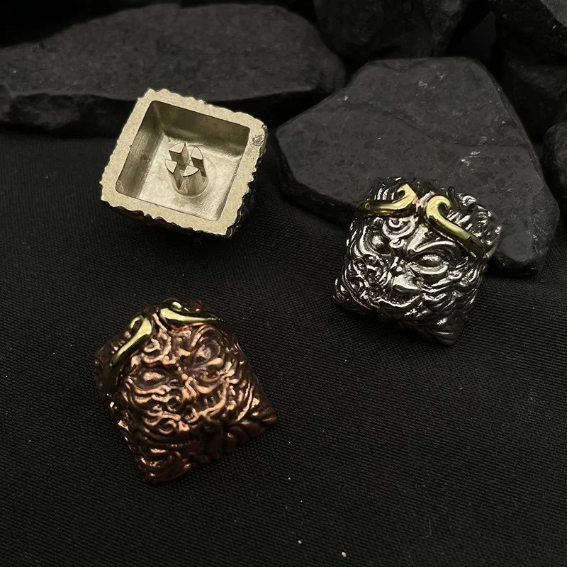Handcrafted pure copper Black Myth Wukong artisan keycap on a mechanical keyboard