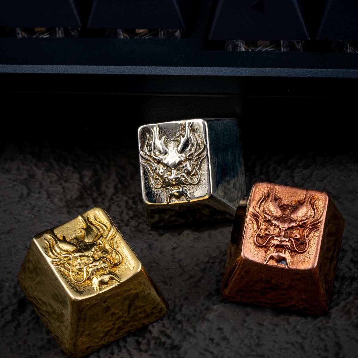 Detailed view of the intricate scales and features of the Brass Mythical Dragon Keycap.