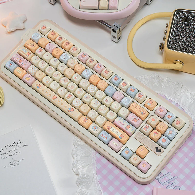 Close-up of Bubble Capybara dye-sublimated PBT keycaps, highlighting intricate artwork.