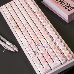 Full layout of Cardcaptor Sakura MOA PBT keycap set on a mechanical keyboard, showcasing pastel colors and magical motifs.