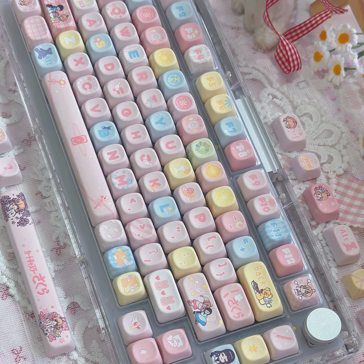 Texture and profile view of a single PBT keycap from the Cardcaptor Sakura set, showing its matte finish and Cherry sculpting.