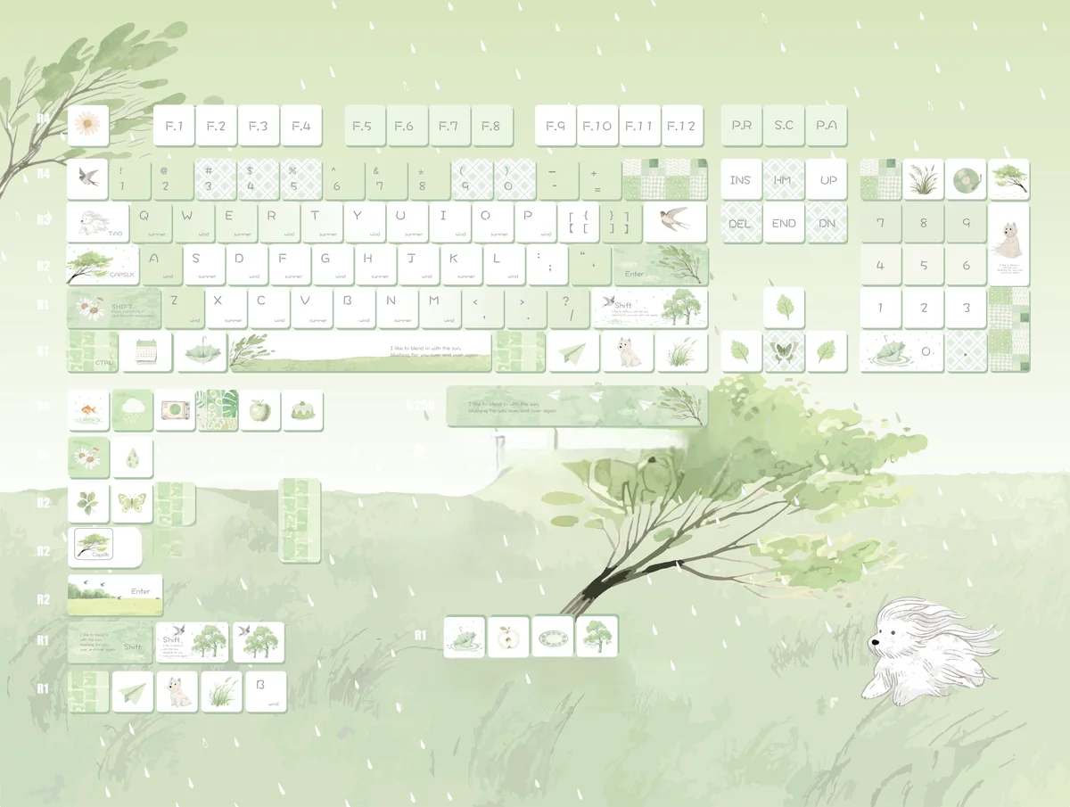 Side profile of Summer Rain keycaps, demonstrating the ergonomic Cherry profile.