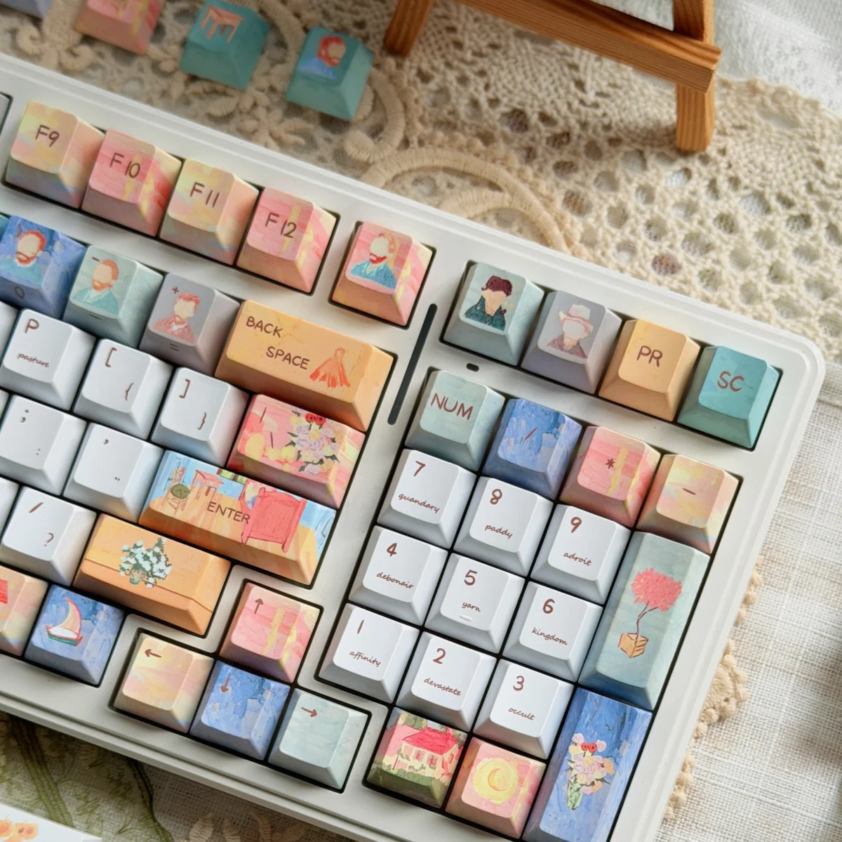 Cherry profile keycap set with vibrant blue and yellow art