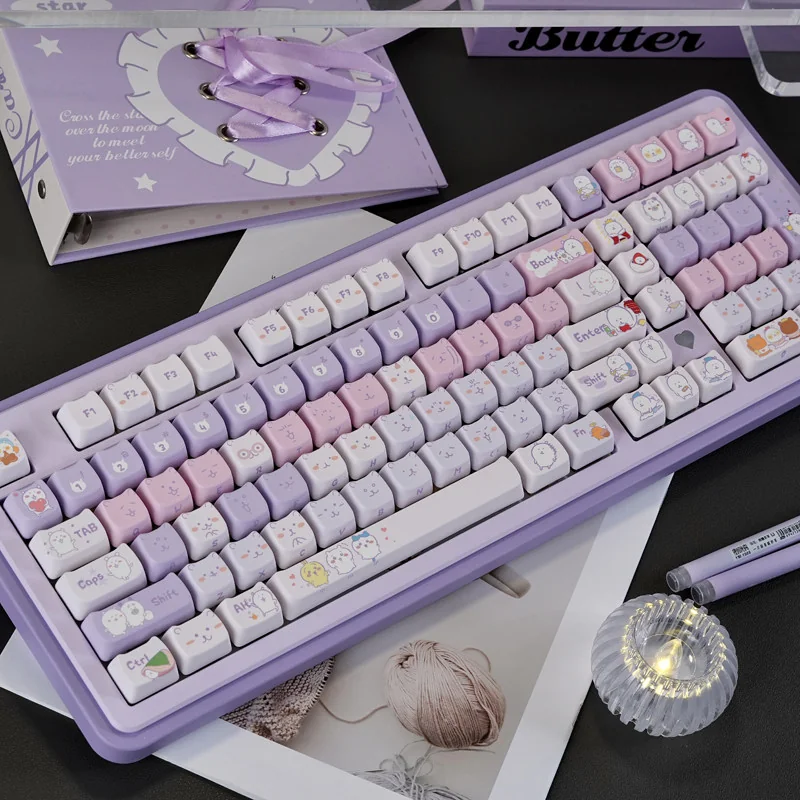 Chiikawa Keycap Set with purple-white gradient on a mechanical keyboard