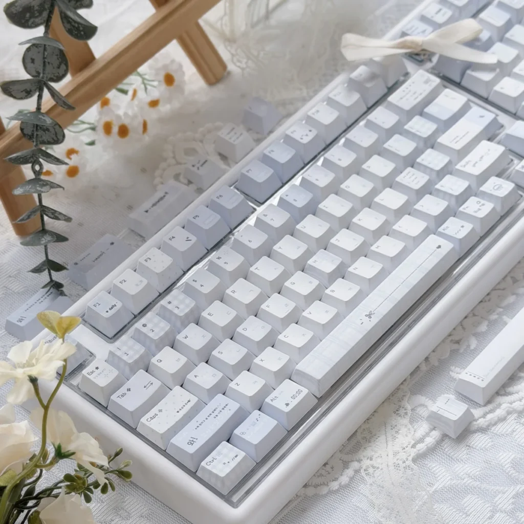 Full Confession PBT Keycap Set with romantic pastel colors arranged on a white background
