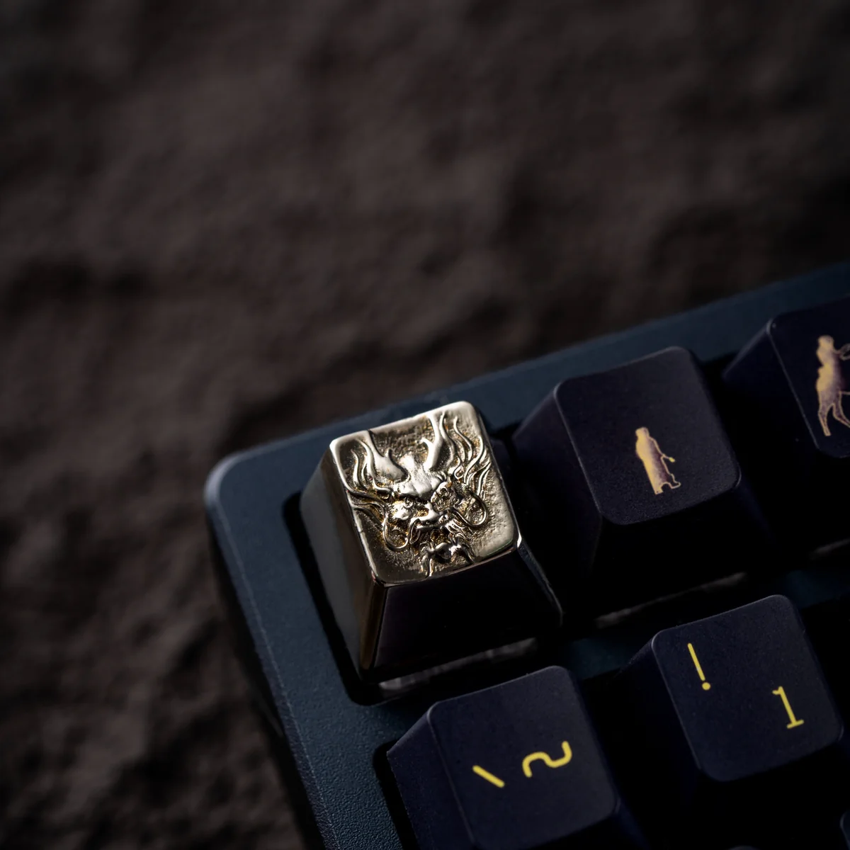 Overhead shot showcasing the lustrous finish and Cherry profile of the Copper Dragon Keycap.