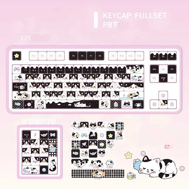 Lifestyle image of Cow Cat keycap set integrated into a desk setup with other accessories