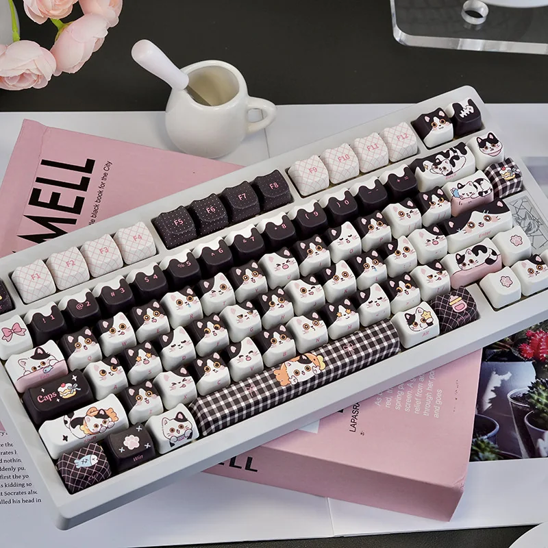 Cow Cat MAO PBT Keycap Set on mechanical keyboard, featuring whimsical cat design