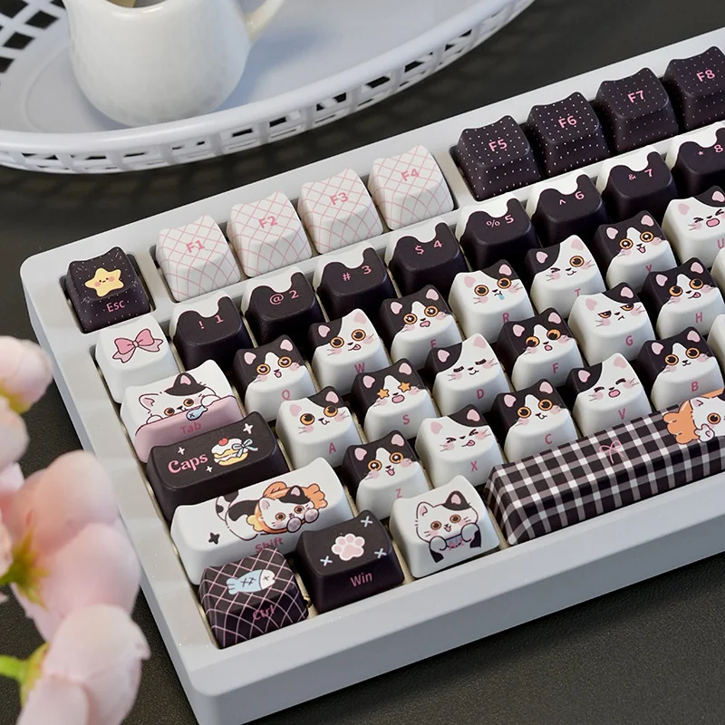 Close-up of Cow Cat MAO profile keycaps, showcasing sculpted shape and PBT texture