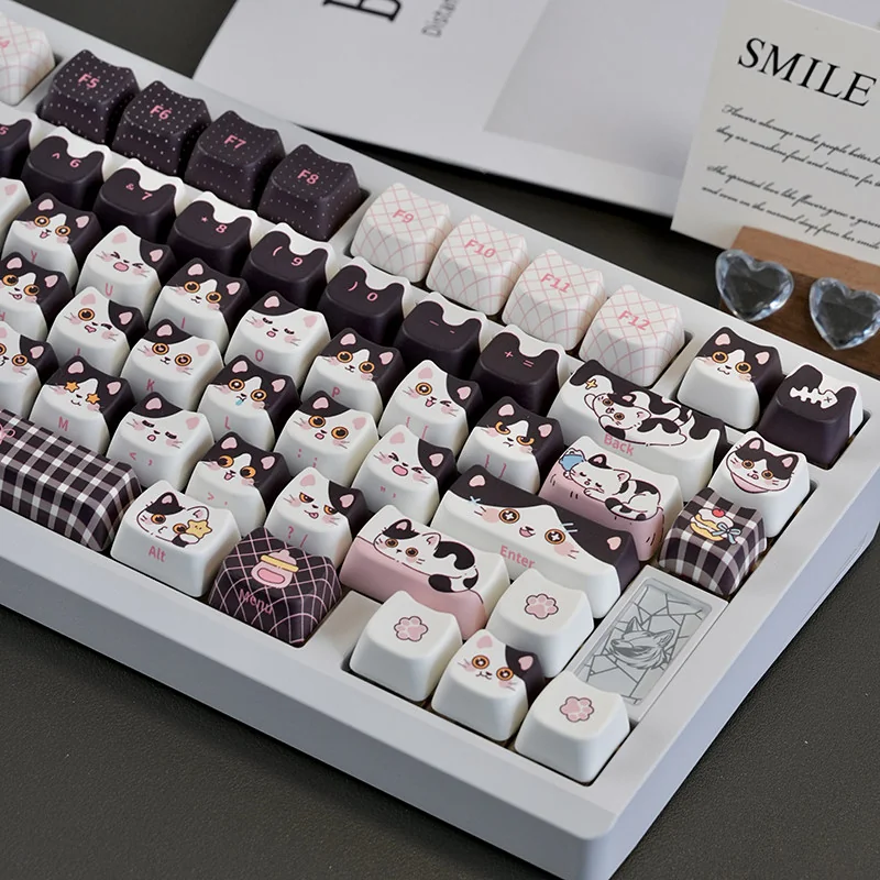 Cow Cat keycaps with backlighting shining through, demonstrating translucent properties