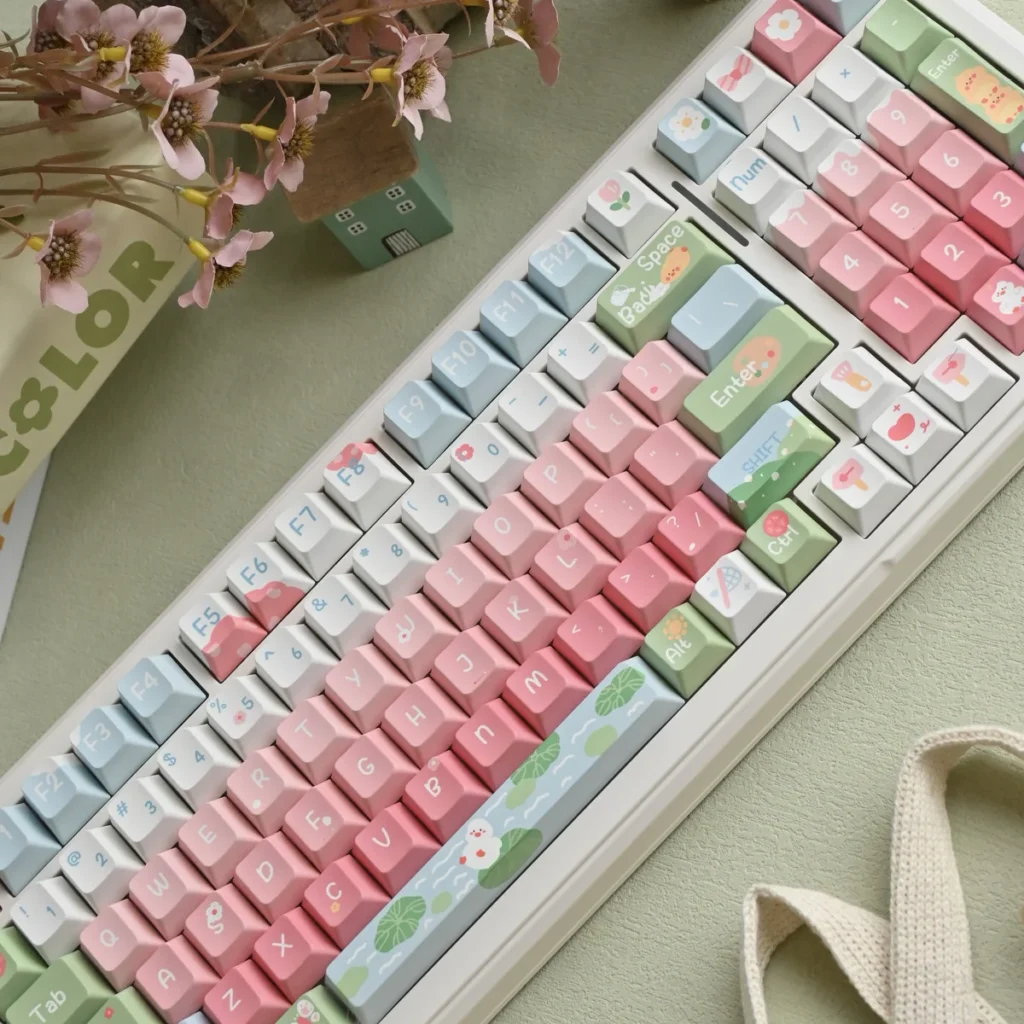 Cute Duck PBT Cherry Profile Keycap Set on a white mechanical keyboard