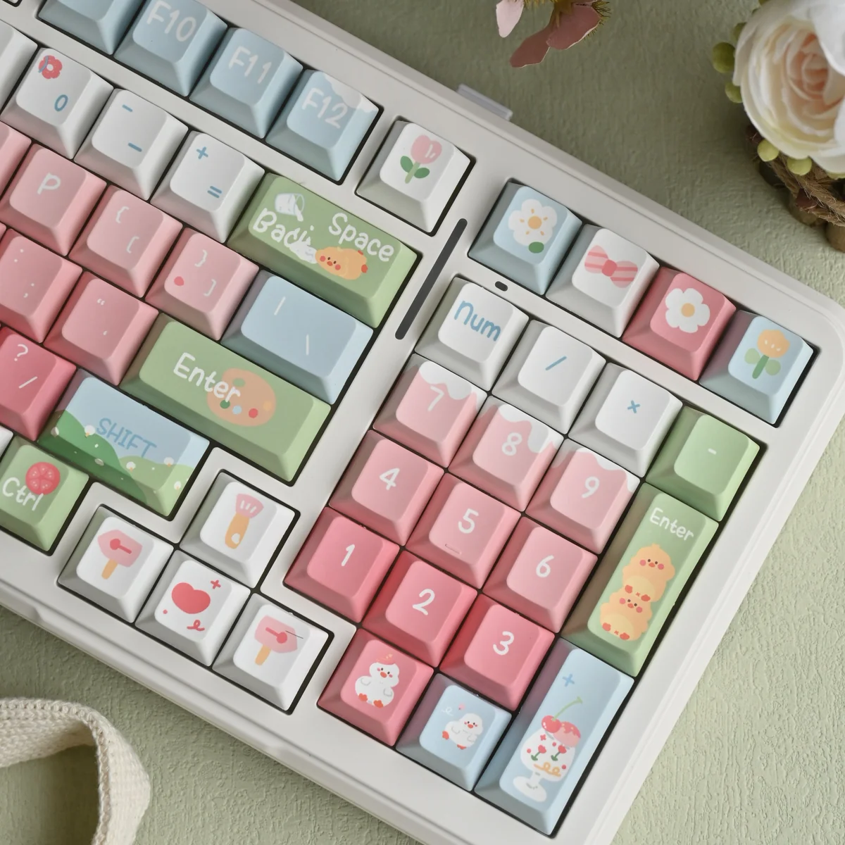 Close-up of Cute Duck keycap legends showing dye-sublimation detail