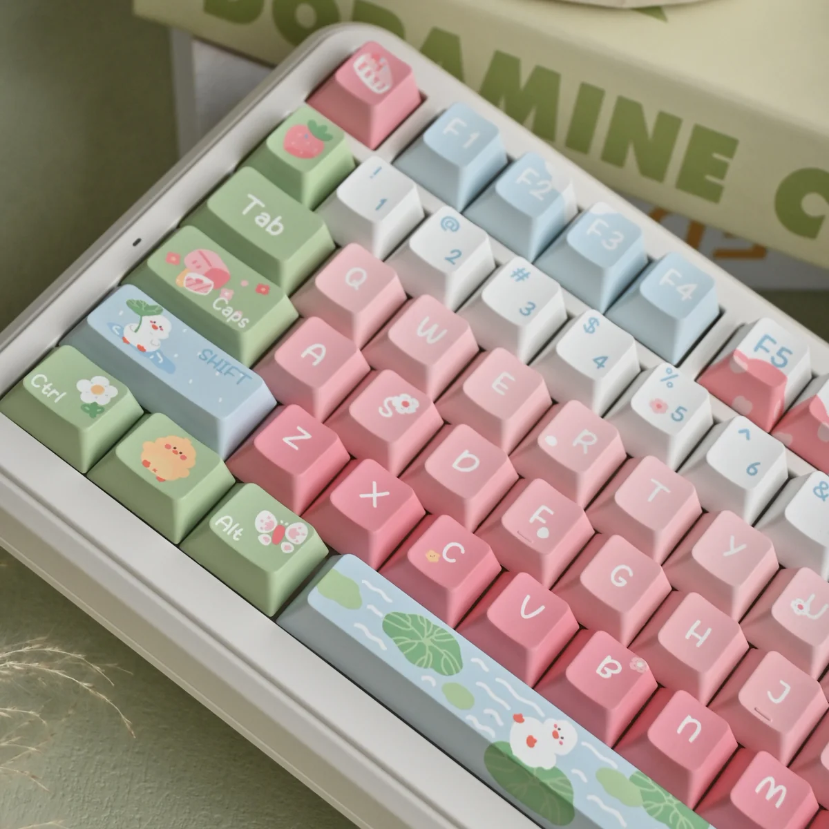 Cute Duck themed keycaps arranged with pastel gradient accents