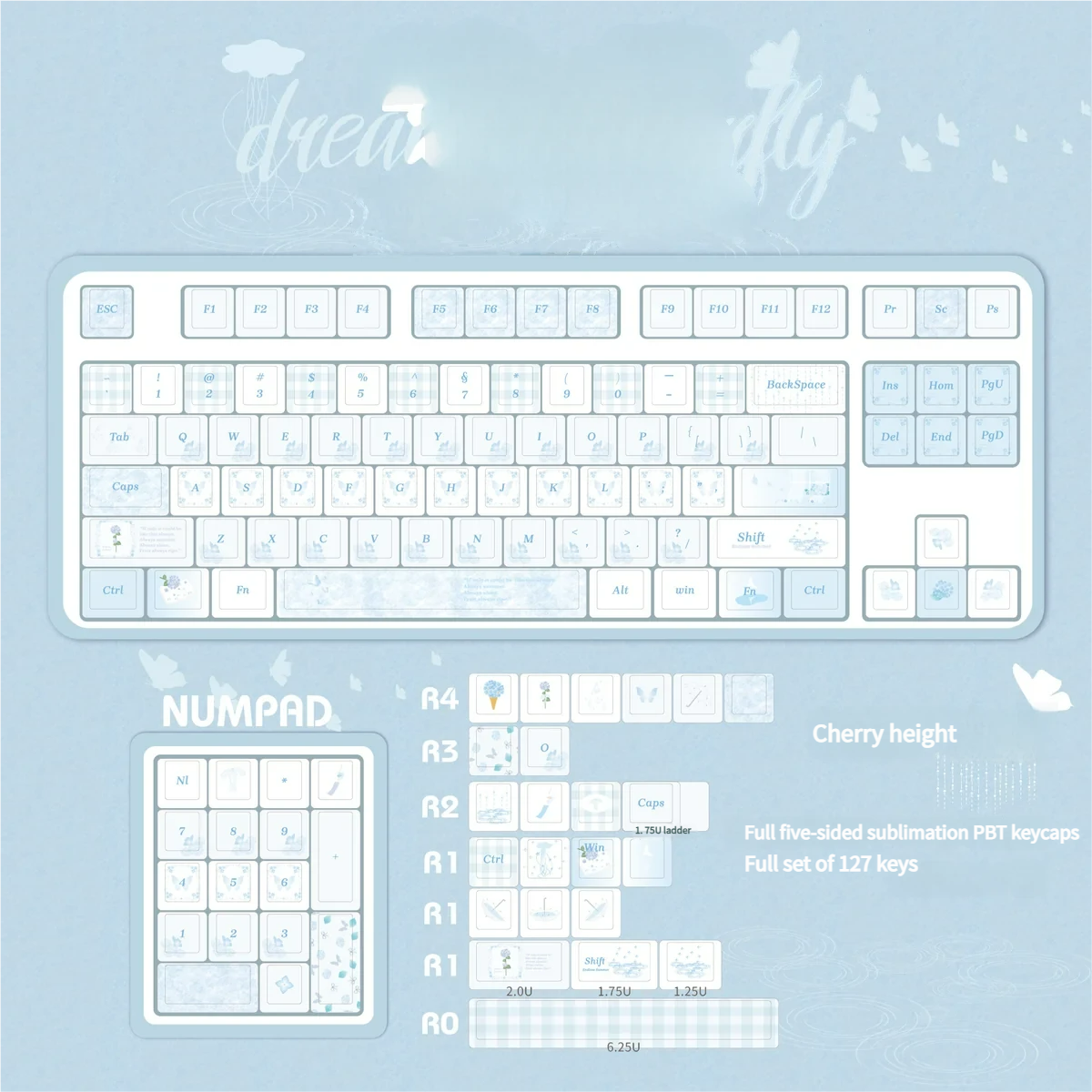 Dream Butterfly keycap set with various layout compatibility