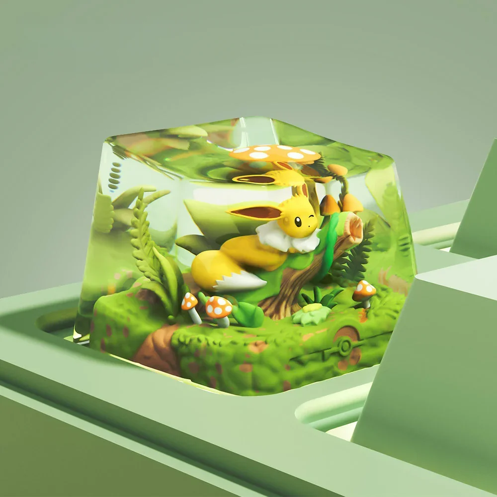 Close-up of the transparent resin Eevee keycap showing intricate detail