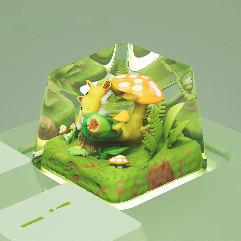 Side view of the Eevee keycap, highlighting the transparent resin and profile
