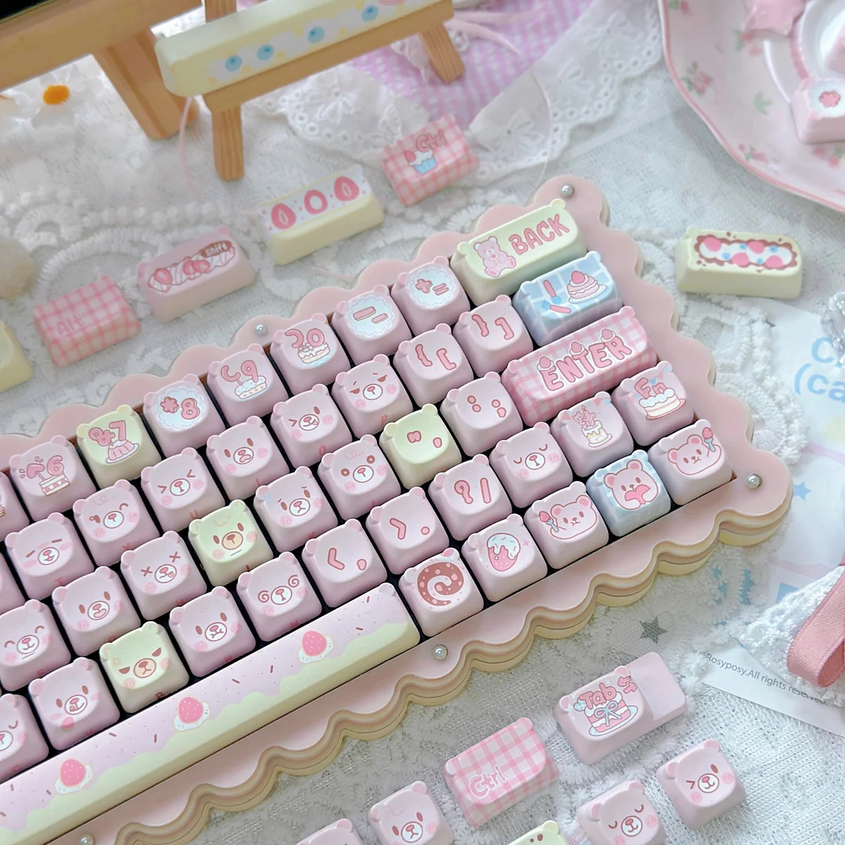 Whimsical Strawberry Cake Bear design on mechanical keyboard