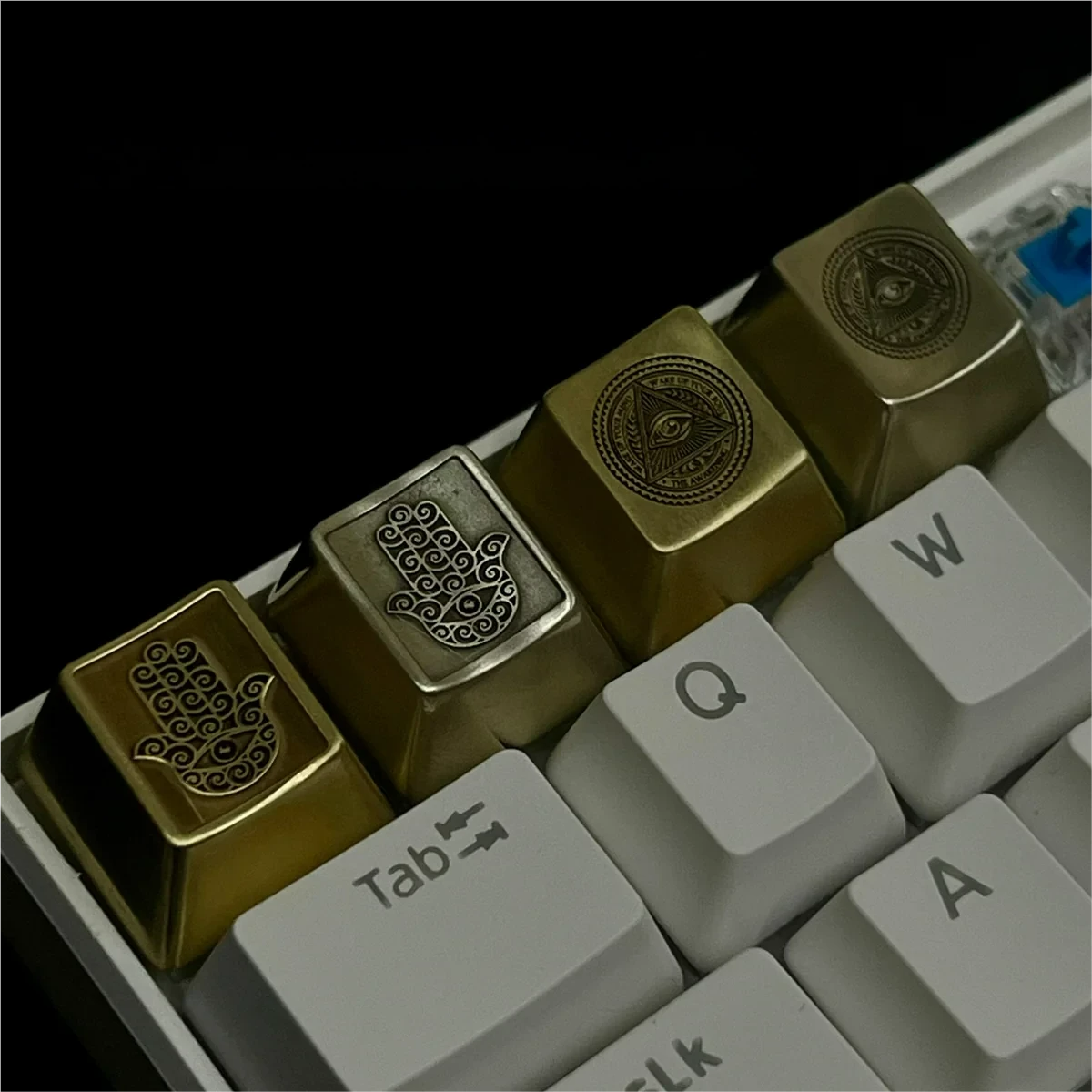 Close-up of intricate Eye of Horus design on artisan keycap