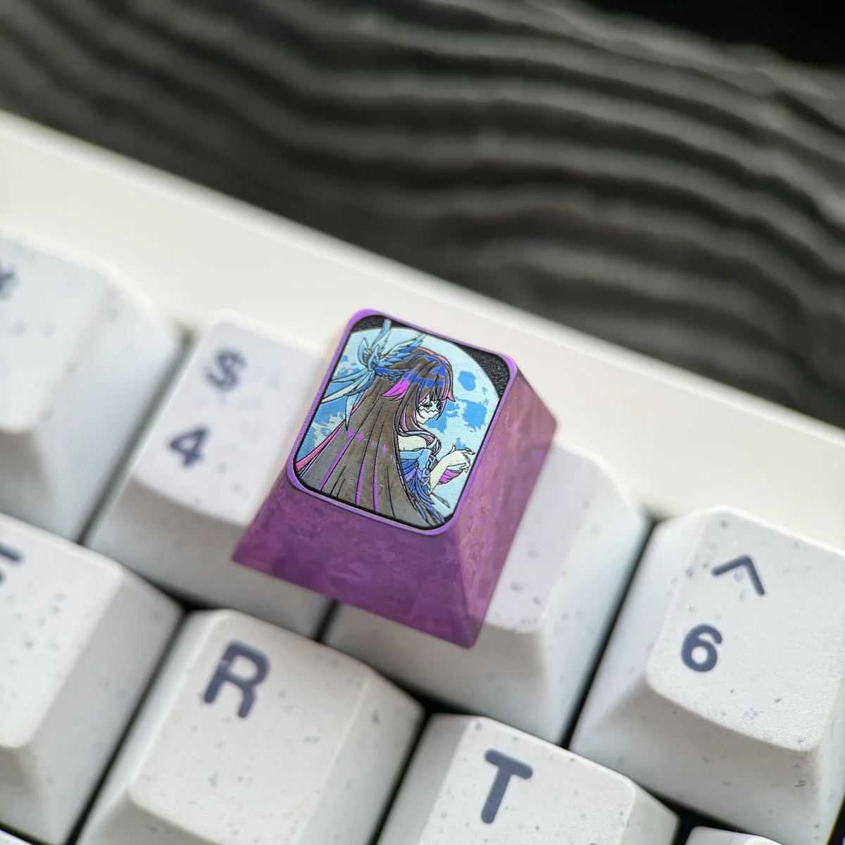 Gaming setup featuring the Columbina Genshin Impact Titanium Keycap
