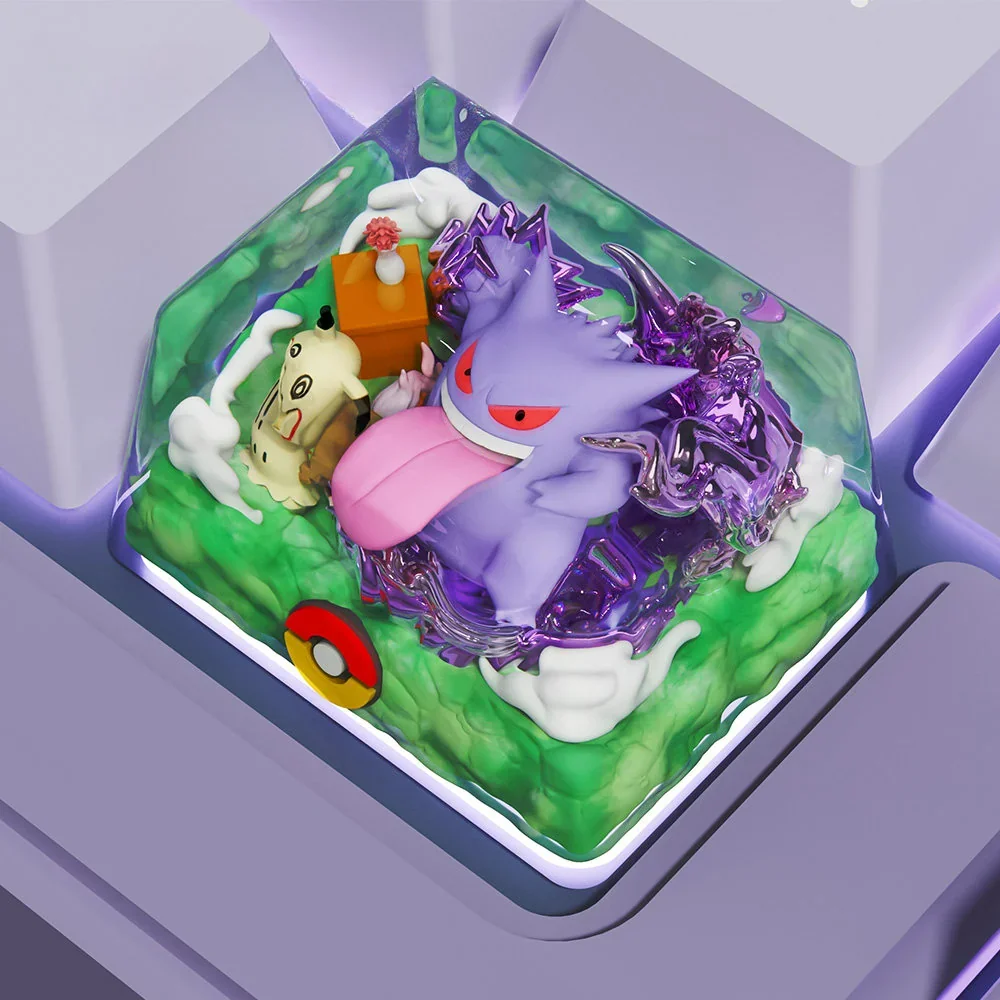 Close-up of handcrafted Gengar keycap with transparent finish