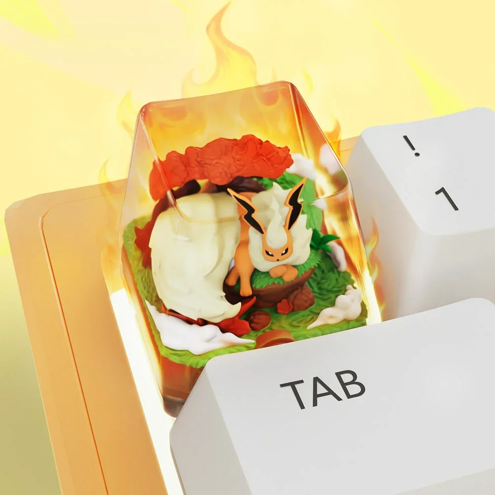 Flareon keycap glowing fiery orange on keyboard