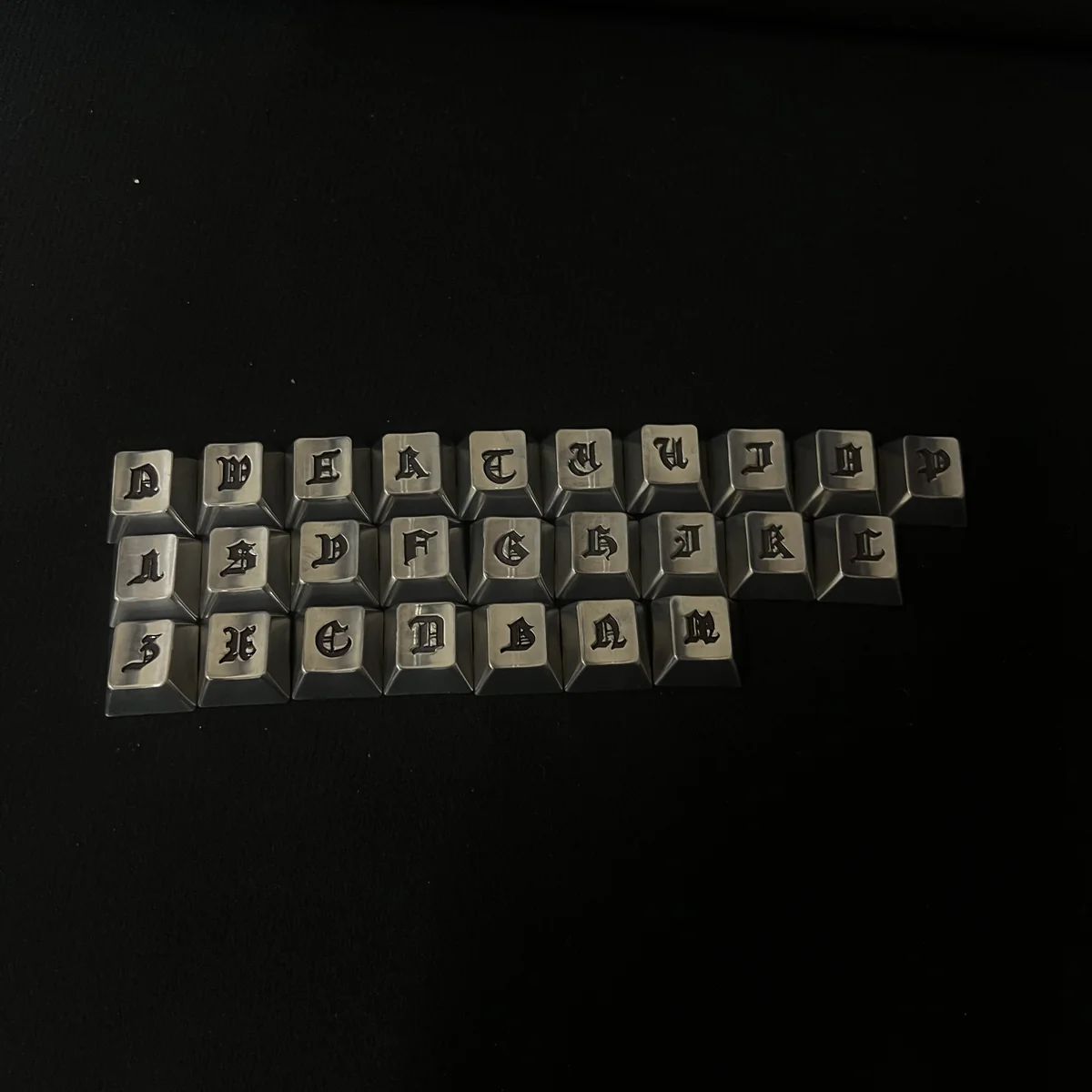 Gothic Alphabet Keycap Set installed on a mechanical keyboard, highlighting its unique aesthetic.