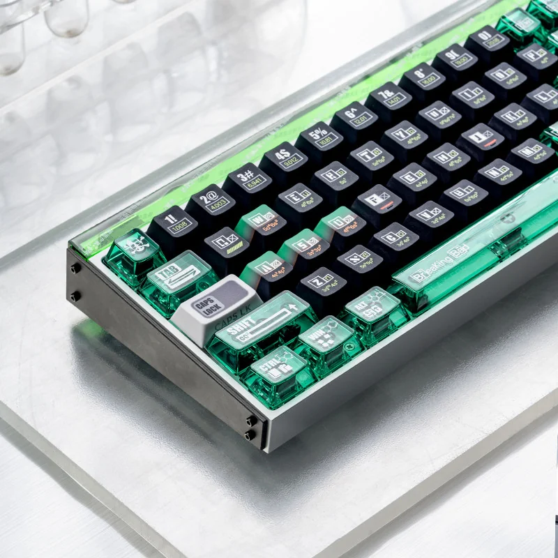 Close-up of side-engraved legends on Heisenberg keycaps, glowing subtly