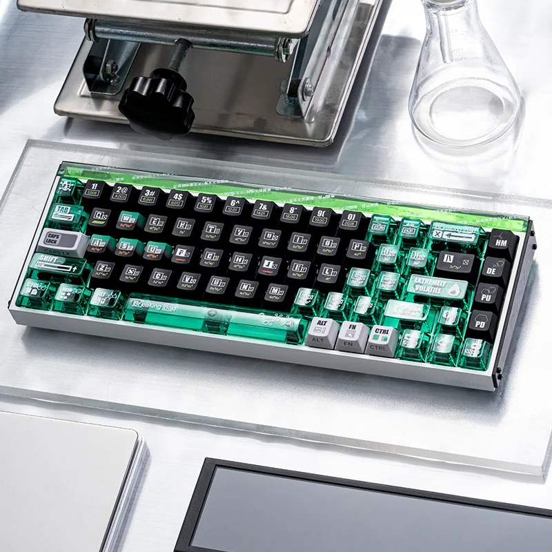 Heisenberg PBT Keycap Set on mechanical keyboard, showing side-engraved legends