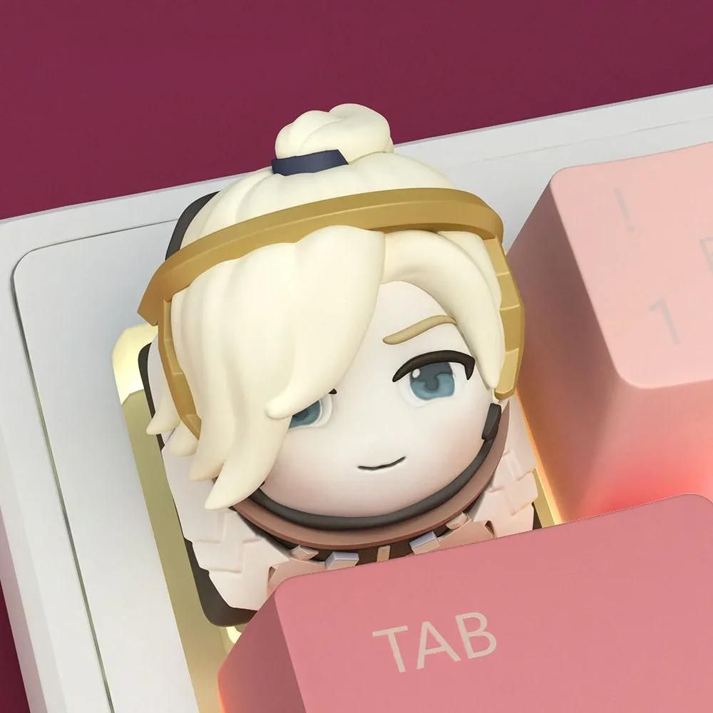 Overwatch Mercy keycap from an elevated angle, showcasing its heroic design