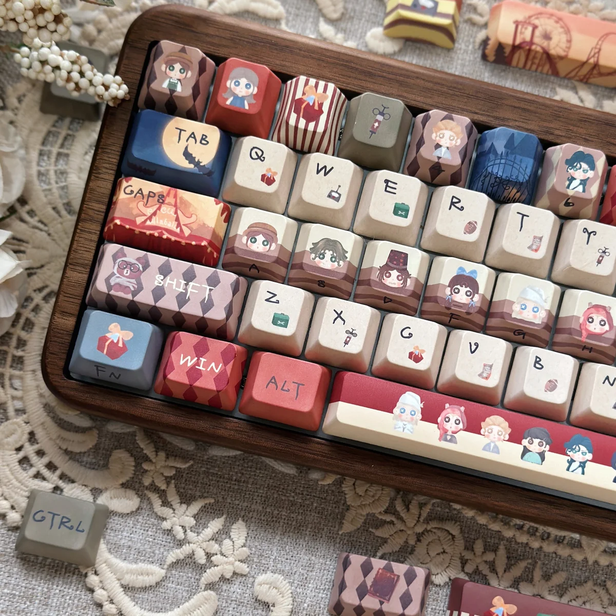 Close-up of Identity V keycaps, revealing intricate character art and dark iconography on PBT material.