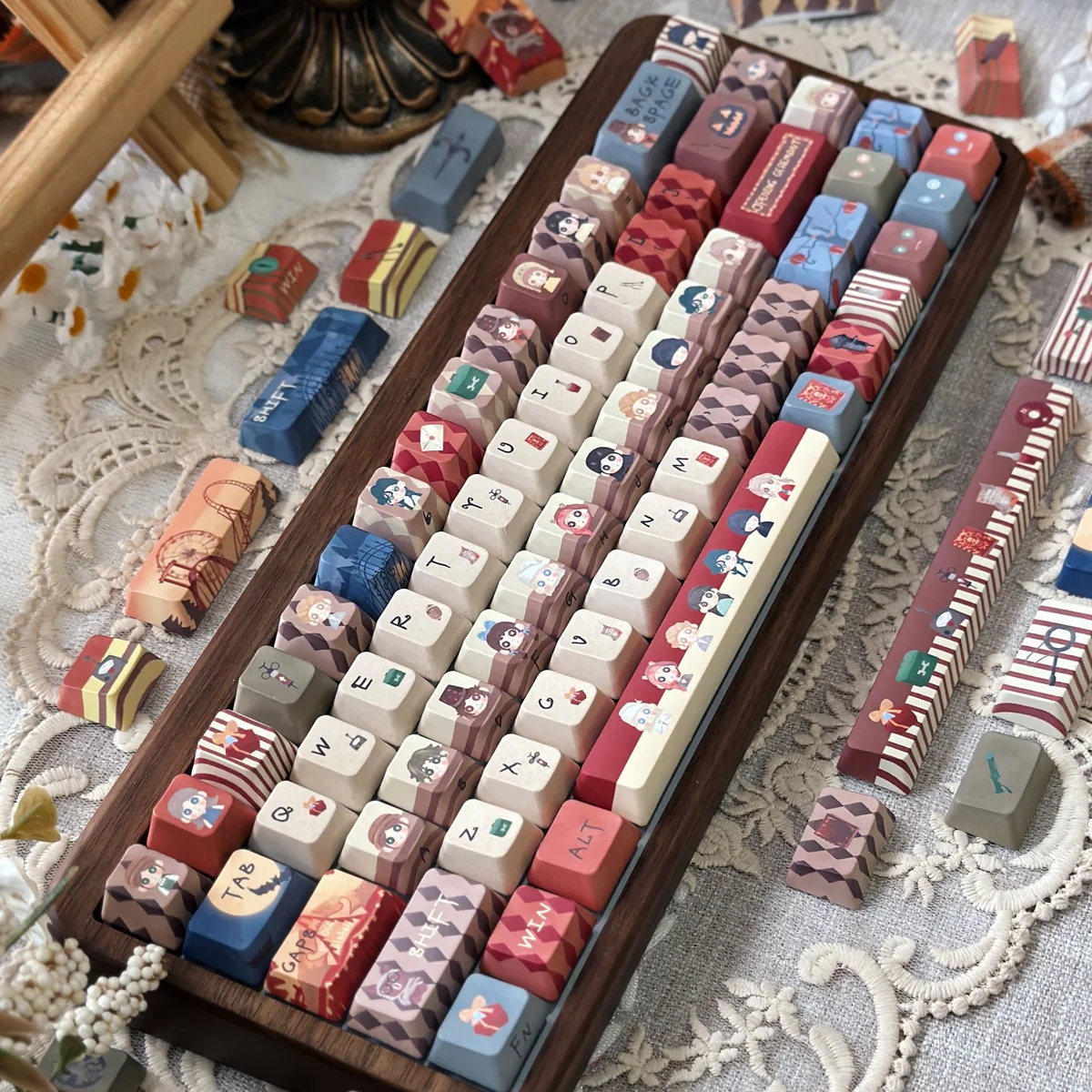 Overhead shot of the Identity V PBT keycap set, highlighting the complete 138-key collection and thematic consistency.