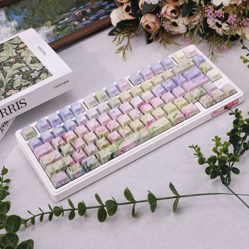 Full Japanese Spring Breeze PBT Keycap Set on a mechanical keyboard, showcasing oil painting art