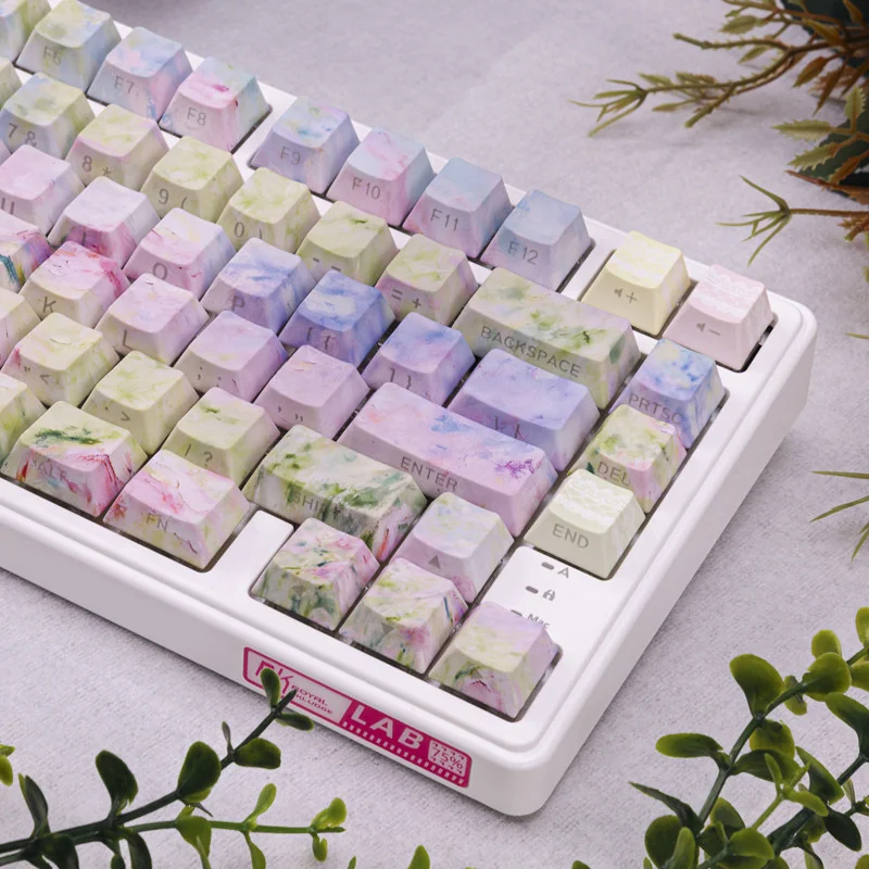 Close-up of side-lit legends on Japanese Spring Keycaps with subtle RGB illumination
