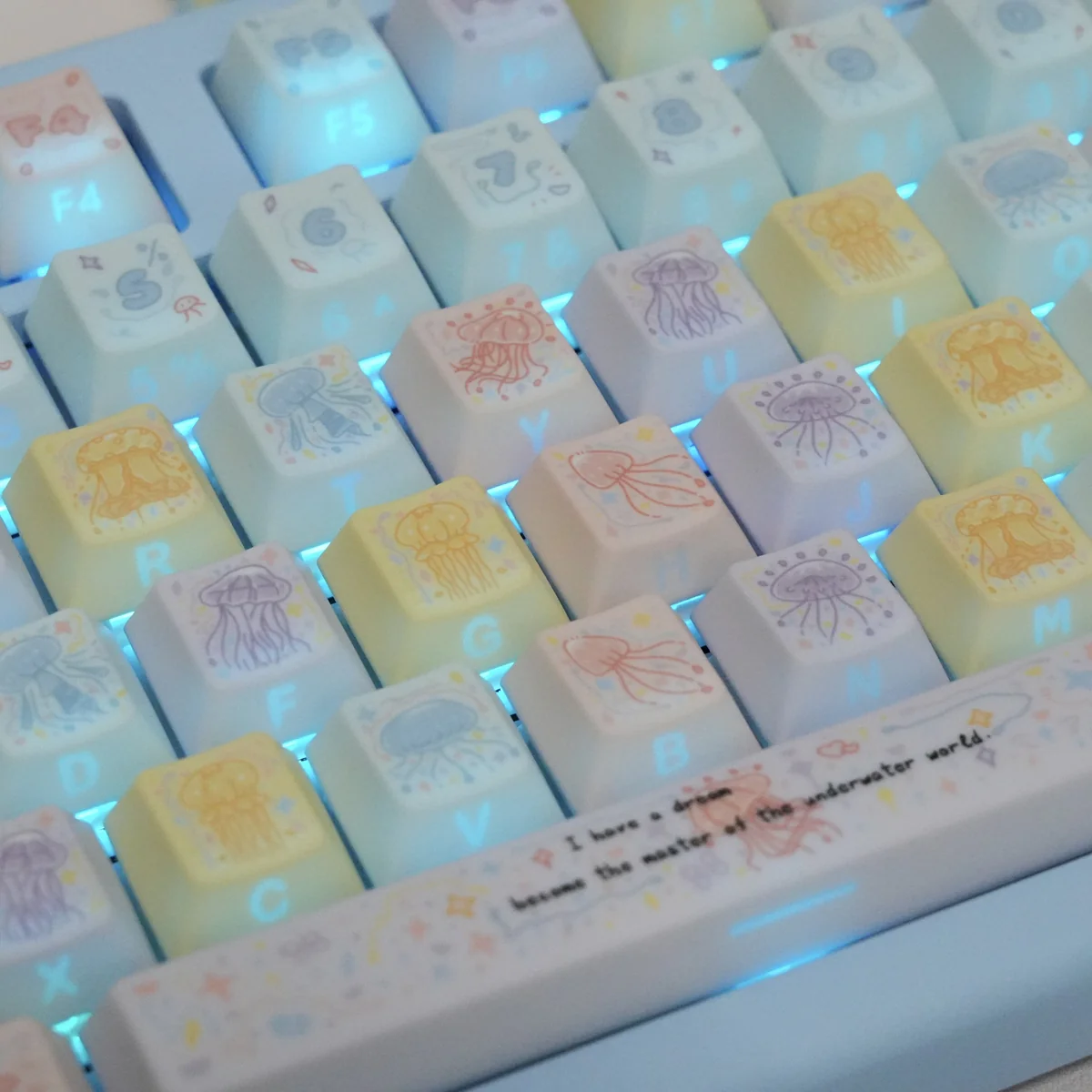 Close-up of Jellyfish Cherry Keycap Set Vibrant translucent highlighting details and finish