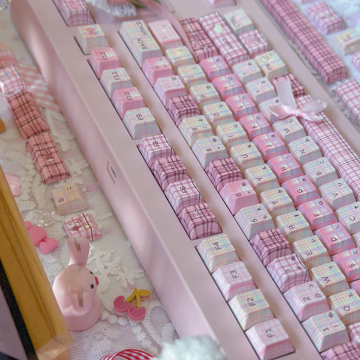 Close-up of JK Girl keycaps showing pastel designs