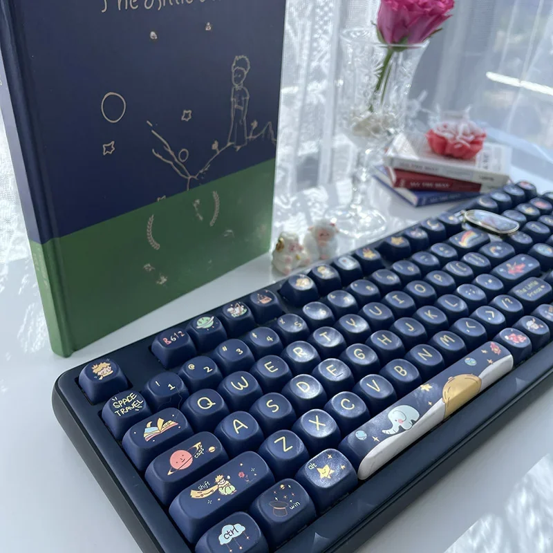 Detail shot of a Le Petit Prince themed keycap, showing vibrant dye-sublimation legends.