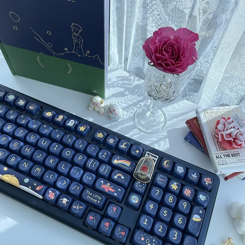 Close-up of Le Petit Prince PBT keycaps, highlighting intricate pollen motifs and soft hues.