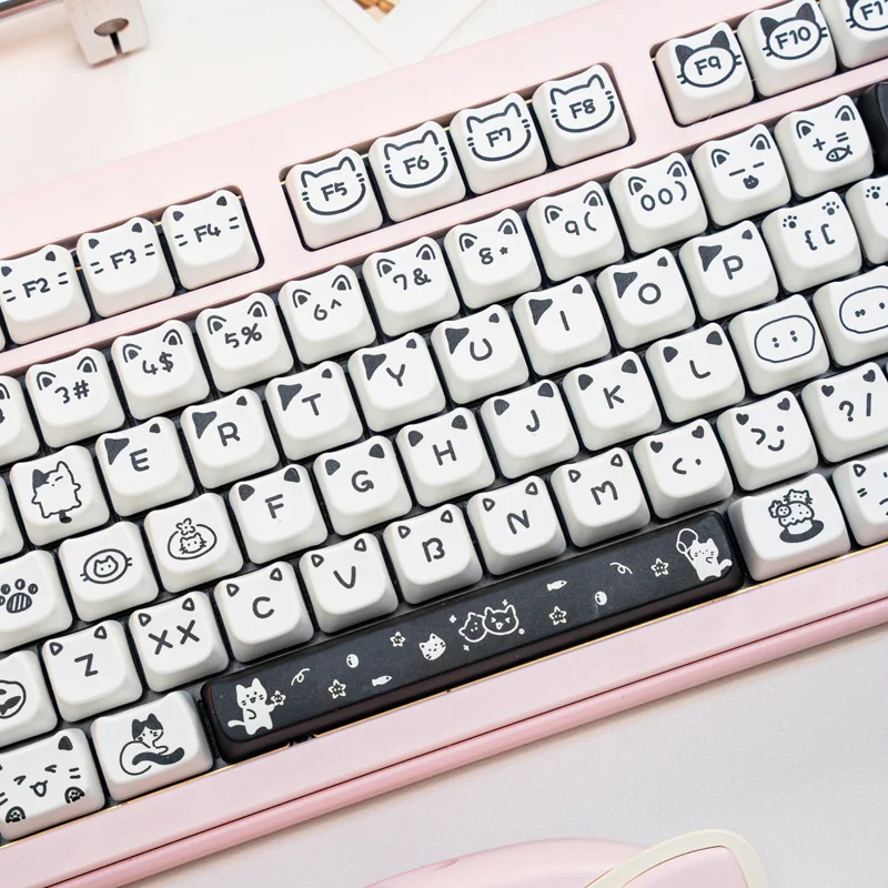 Side profile of Line Art Cat MAO Whimsical line art cat durable showing keycap set shape and fit