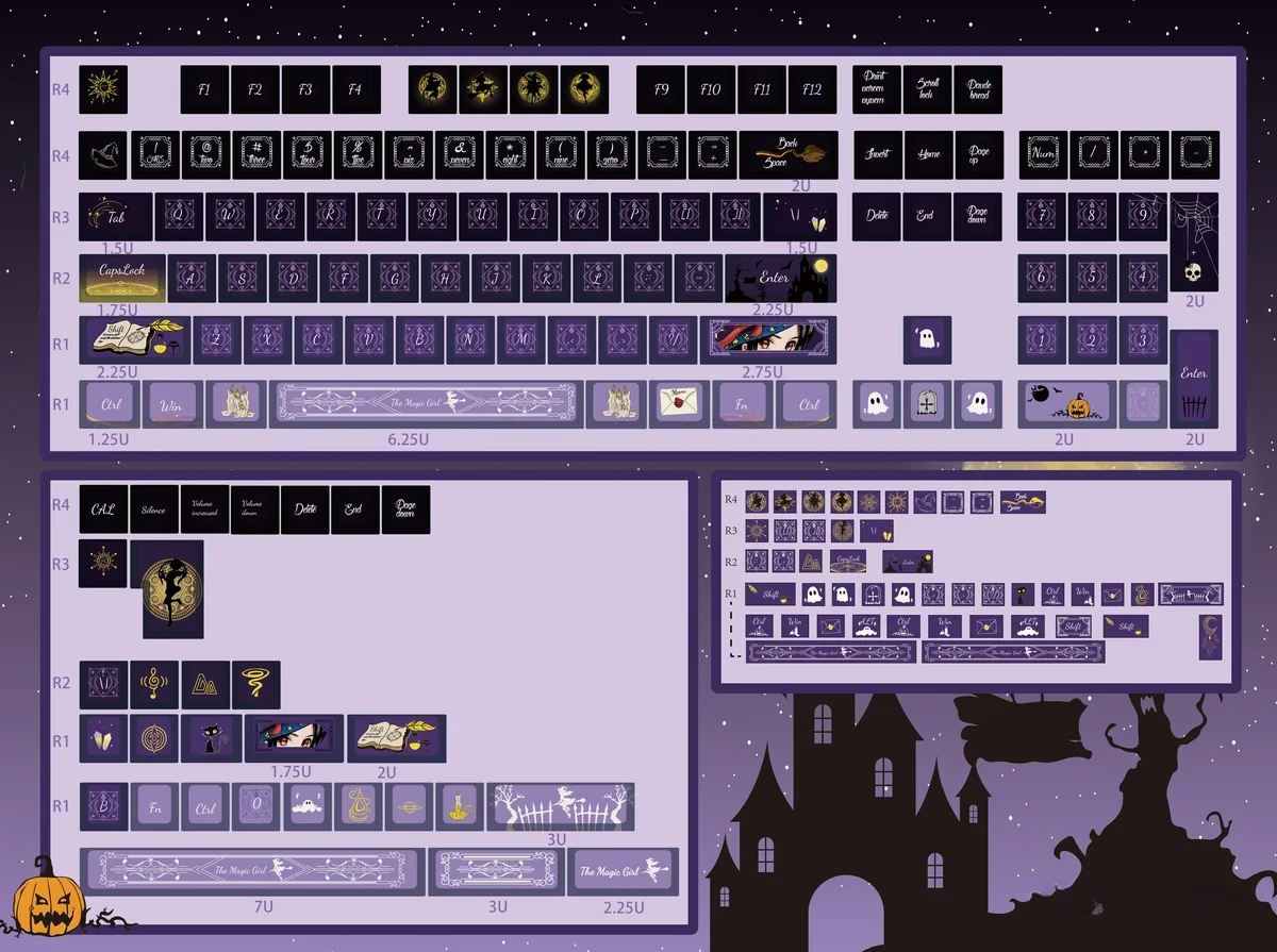Full layout of the 134+47 key Magical Girl PBT Keycap Set, showing various key sizes and accent keys