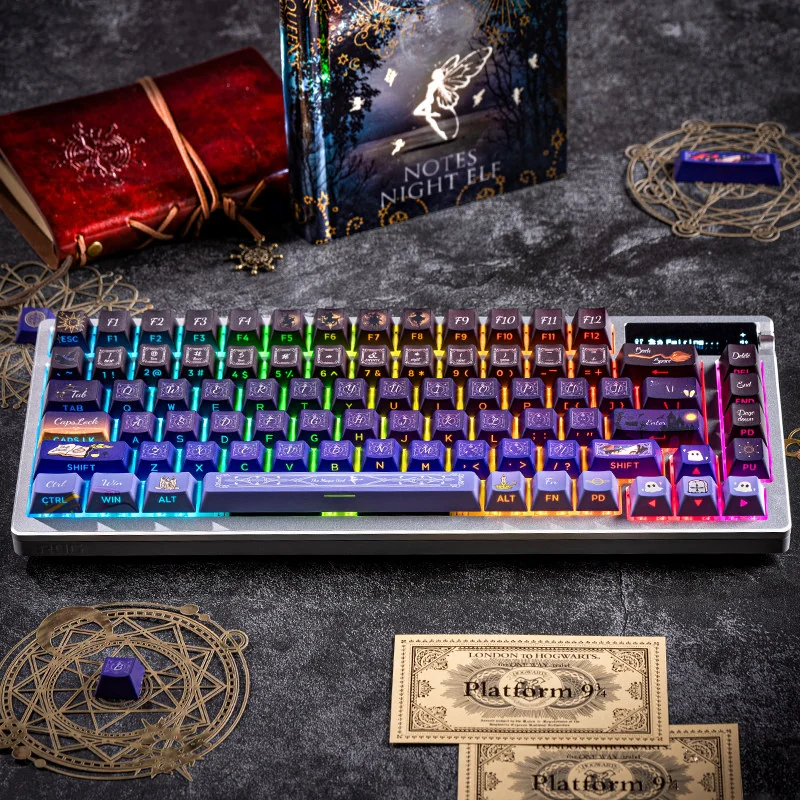 Magical Girl PBT Keycap Set illuminating with RGB keyboard backlighting, showcasing transparent side-printed legends